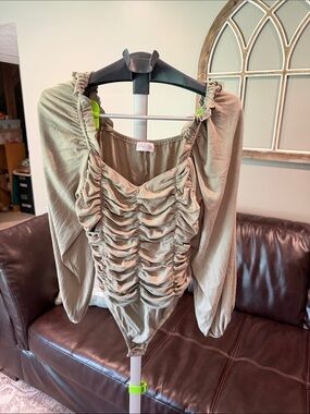 Pink Lily Olive Green Ruched Long Sleeve Bodysuit